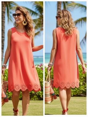 NWT Alfred Sung S Neon Scalloped Hem Vacation Resortwear Boho Shift Dress
